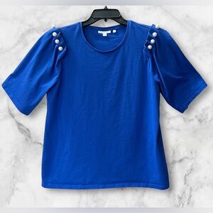 Chico’s Royal Cobalt Blue Short Sleeve Top Pearl Ruffle Accents Size S Chicos 1
